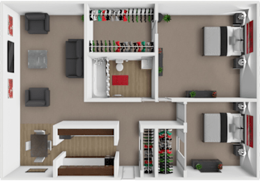 A 3D rendered image of a small apartment layout.