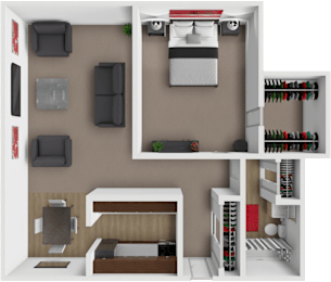 A 3D rendered image of a small apartment layout with a bedroom, living room, and kitchen.