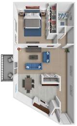 A 3D floor plan of a small apartment with two bedrooms and a living area.