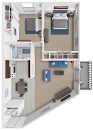 A 3D floor plan of a small apartment with two bedrooms and a living area.