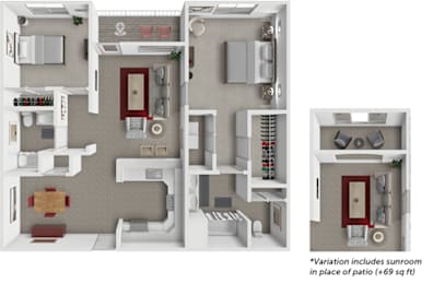 A diagram shows three different layouts of a house with a sunroom included in one variation.