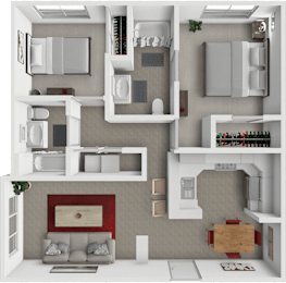 A 3D rendered image of a modern apartment layout.
