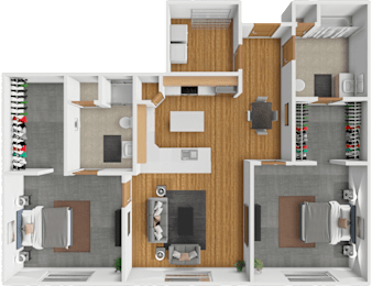 A 3D floor plan of a modern apartment with a living room, kitchen, and two bedrooms.