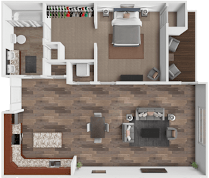 A top-down view of a living room with a fireplace and a couch.