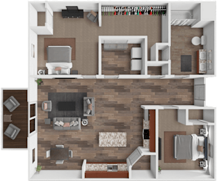 A top-down view of a living room with a fireplace and a couch.
