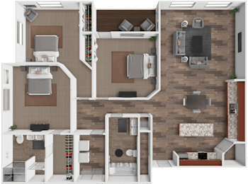 A 3D rendered image of a house layout.