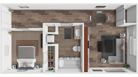 A modern bathroom with a wooden wall and a walk-in shower.