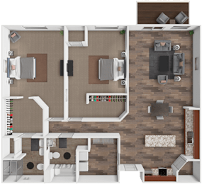 A top-down view of a room with a couch, chairs, a table, and a TV.