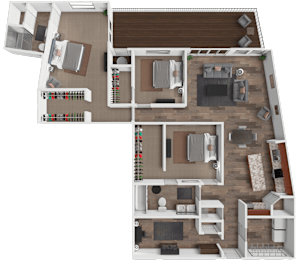 A detailed 3D floor plan of a two-story residential house.