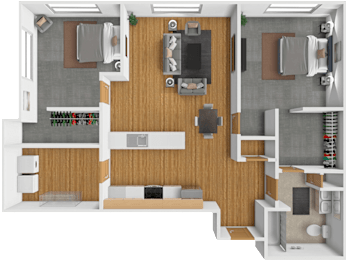 A top-down view of a two-bedroom apartment with a living room, kitchen, and bathroom.