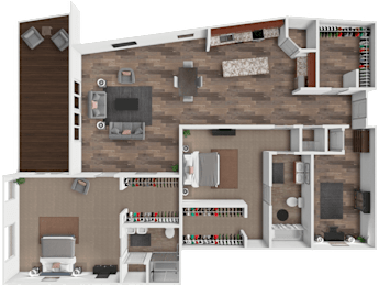 A 3D rendered image of a house layout with a living room, kitchen, and bedrooms.