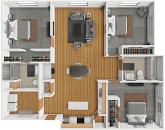A 3D floor plan of a house with a living room, kitchen, and two bedrooms.