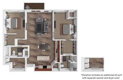 A floor plan of a small apartment with a kitchen, living room, and bathroom.