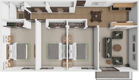A 3D rendered image of a modern kitchen interior.
