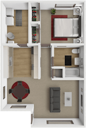 A 3D floor plan of a1 bedroom apartment with a kitchen, living room, and bedroom.