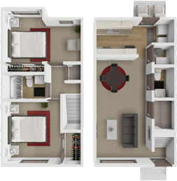 A floor plan of a two-story apartment with a living room, kitchen, and 2 bedrooms and 1.5 bathrooms.