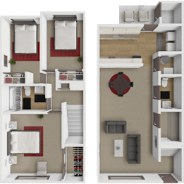 A 3D floor 3 bedrooms and a living area.