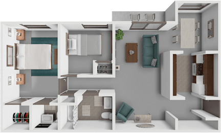 A 3D rendered image of a modern kitchen and living room.