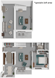 A diagram shows the layout of a loft apartment with two bedrooms, a living area, and a bathroom.