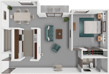 A 3D rendered image of a modern kitchen and living room.