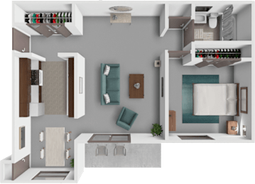 A 3D rendered image of a modern apartment layout.