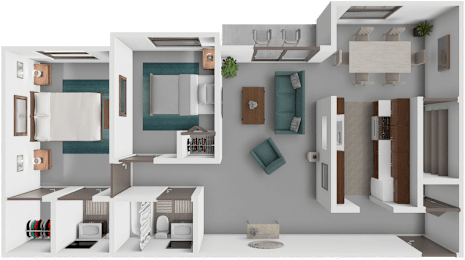 A 3D rendered image of a modern apartment layout.