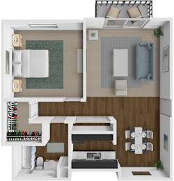 A 3D floor plan of a small apartment with a kitchen, living room, and bathroom.