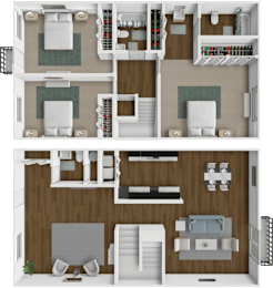 A detailed 3D floor plan of a two-story residential apartment.