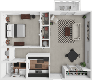 a rendering of a 1 bedroom floor plan with a bathroom and a living room