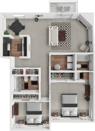 a 3d rendering of a house floor plan with a kitchen and a living room