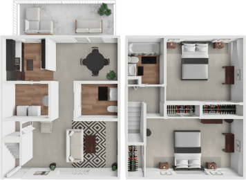 two dimensional floor plans of a house with furniture and a balcony