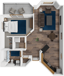 A top-down view of a modern apartment with a living room, kitchen, and bathroom.