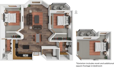 A floor plan of a house with two bedrooms, a living room, a kitchen, and a bathroom.