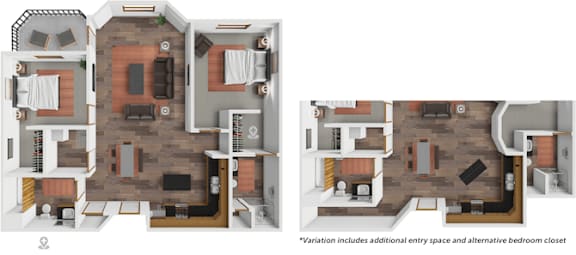 A floor plan of a house with two different layouts, one with an additional entry space and an alternative bedroom closet.
