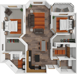 A top-down view of a modern apartment layout with a living room, kitchen, and two bedrooms.