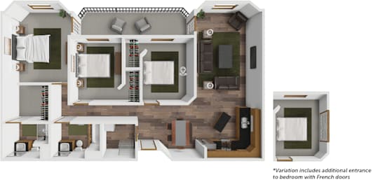 A floor plan of a house with a kitchen, living room, and bedrooms.