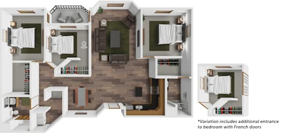 A floor plan of a house with a kitchen, living room, dining room, and two bedrooms.