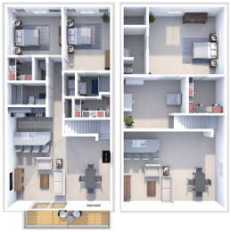 a 3d rendering of two different floor plans of an apartment