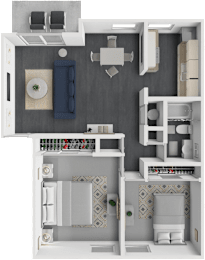 A 3D floor plan of a small apartment with a kitchen, living room, and bathroom.