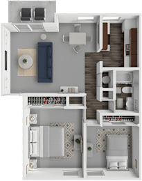 A 3D floor plan of a small apartment with a kitchen, living room, and bedroom.