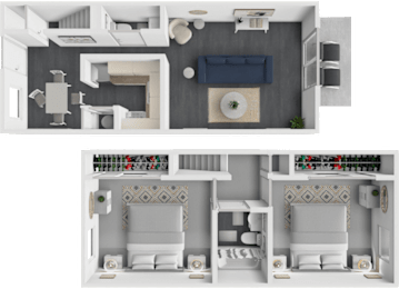 A top-down view of a modern apartment layout with two bedrooms, a living room, and a kitchen.
