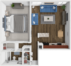 A 3D rendered image of a small apartment layout.