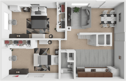 a 3d rendering of a floor plan with a bedroom and living room