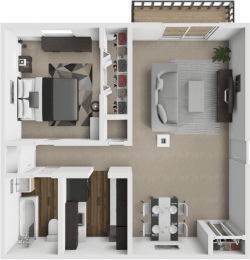 a 3d rendering of a bedroom with a bathroom and a living room