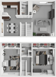 a 3d rendering of a floor plan and layouts of a house