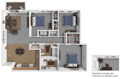 A 3D floor plan of a house with a kitchen, living room, and bedrooms.