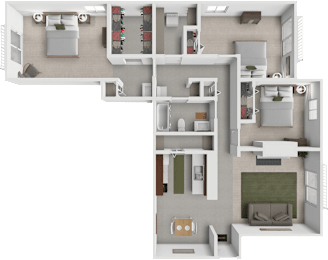 A 3D floor plan of a house with multiple rooms and furniture.