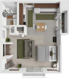 a 3d rendering of a studio apartment floor plan at Eastland apartments in Grand Rapids.