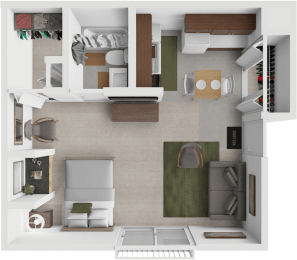 a 3d rendering of a studio apartment floor plan at Eastland apartments in Grand Rapids.