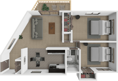 A 3D rendered image of a 2 bedroom apartment at eden park apartments.